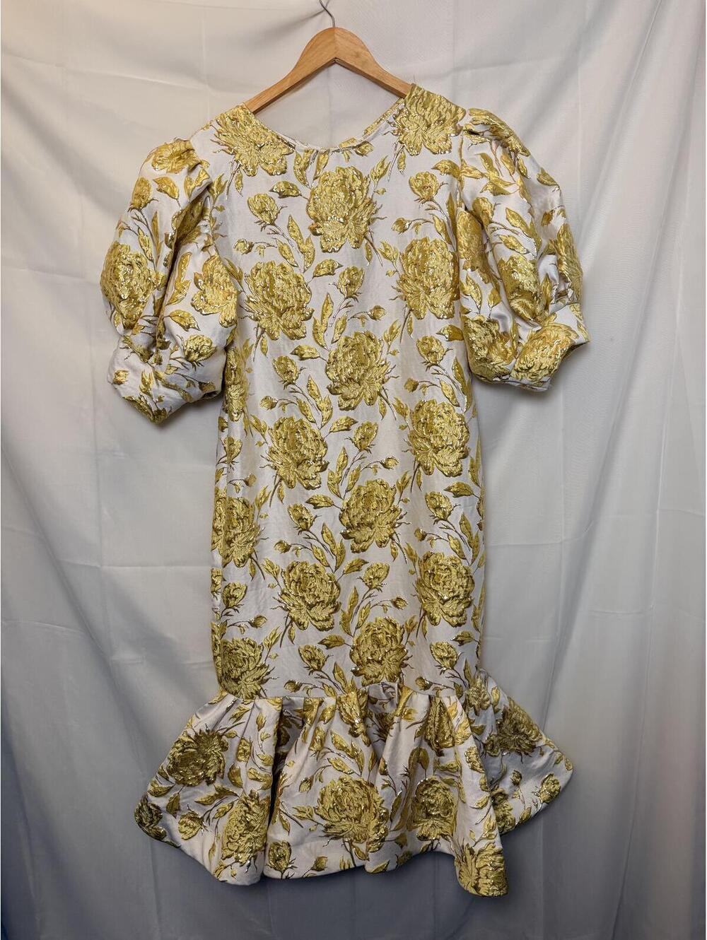 Vintage 1980s Metallic Gold Floral Brocade Puff Sleeve Dress with Flounce Hem - Picture 5 of 9